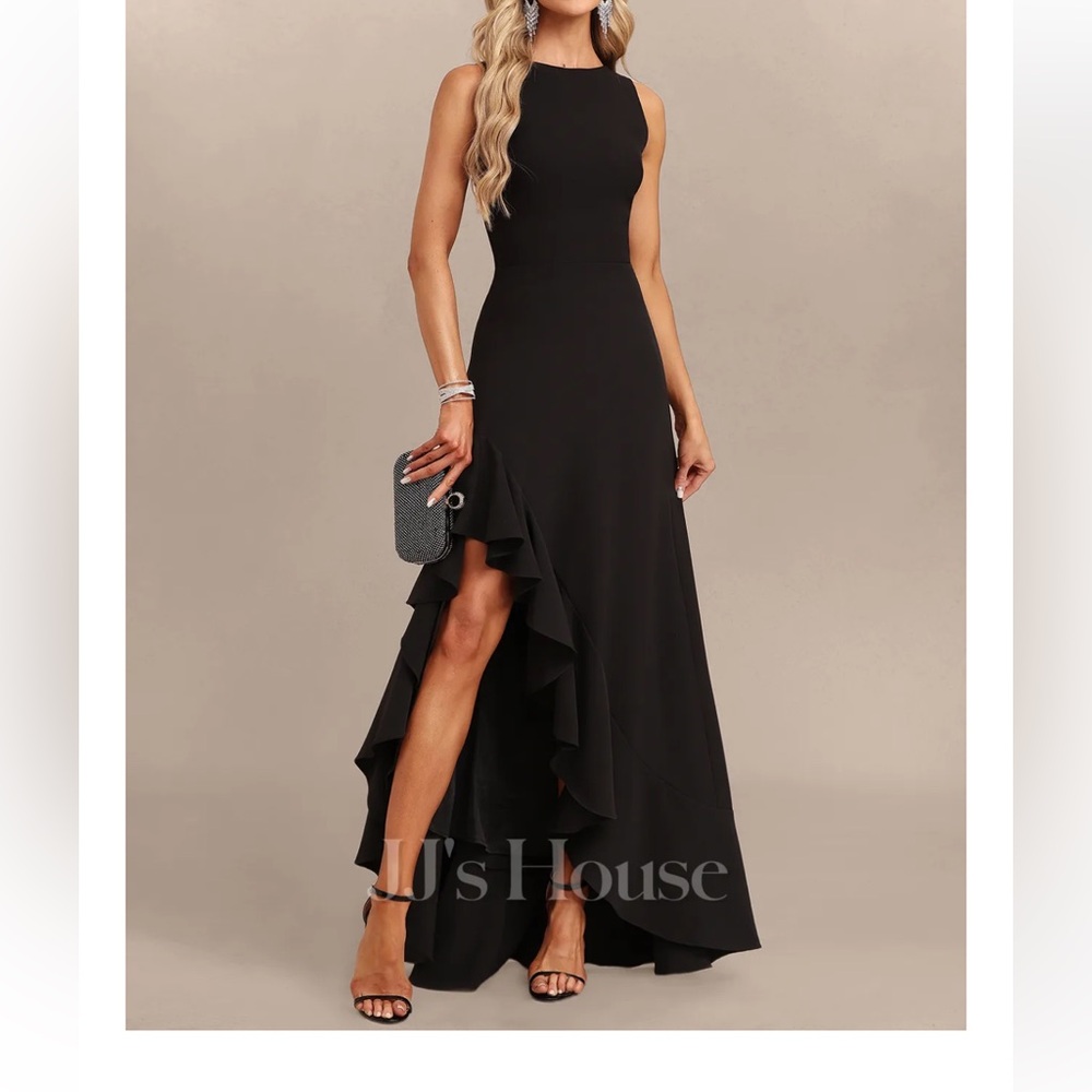 A-line Scoop Floor-Length Asymmetrical Stretch Crepe Evening Dress With Ruffle